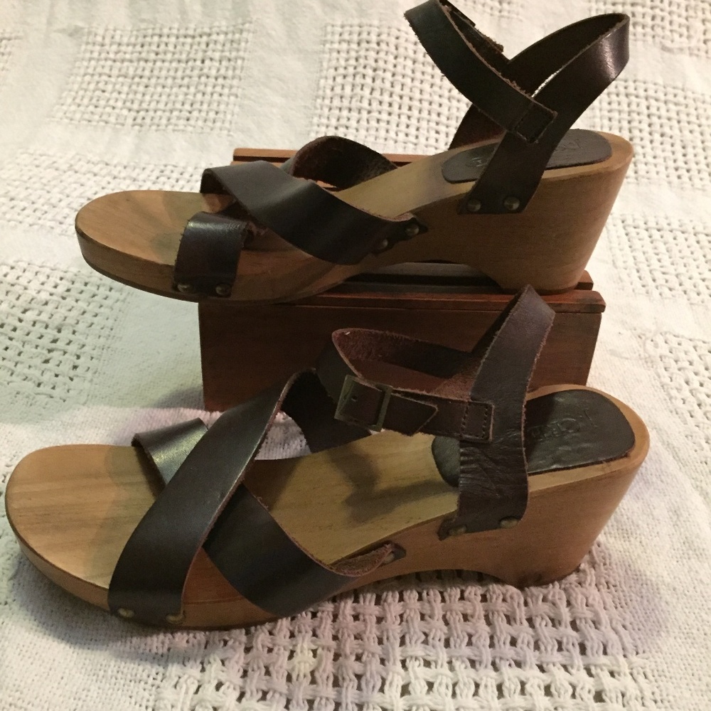 J.Crew Leather Ankle Strap Wooden Clog Wedges 6